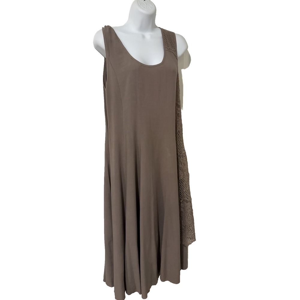 Monoreno Tan Linen Blend Midi Dress~M~ Sleeveless Gored Crochet Panel Fairy Boho